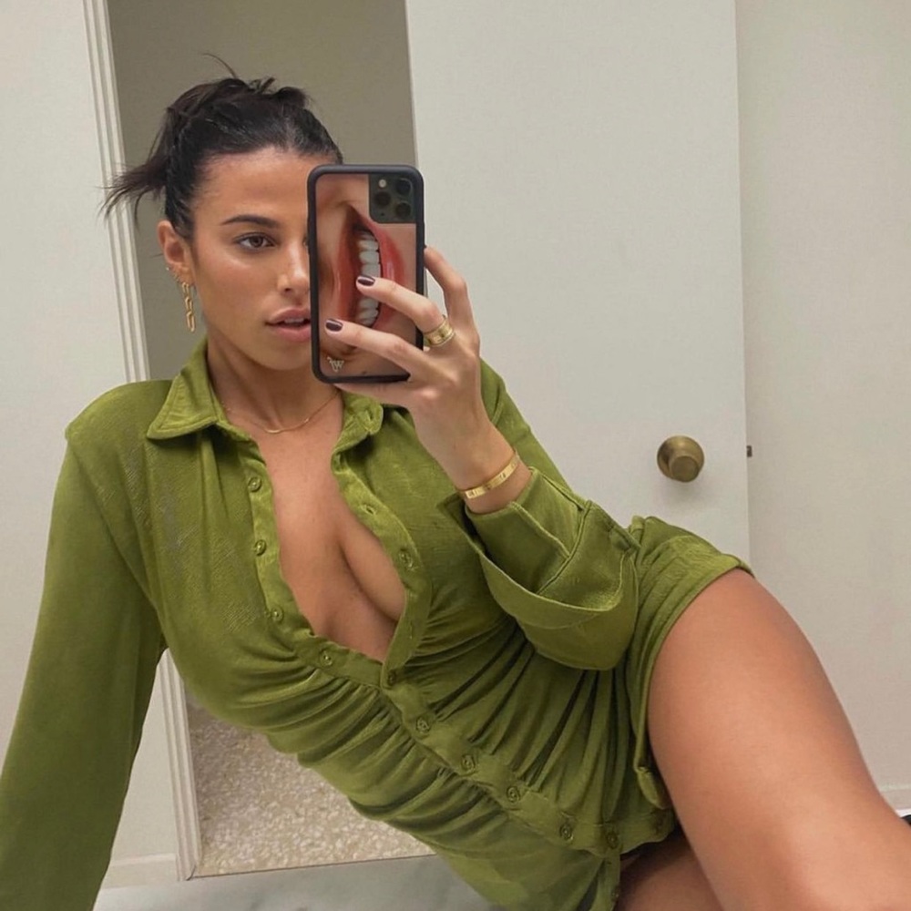 With Jean Olive Green Button-Front Mini Dress